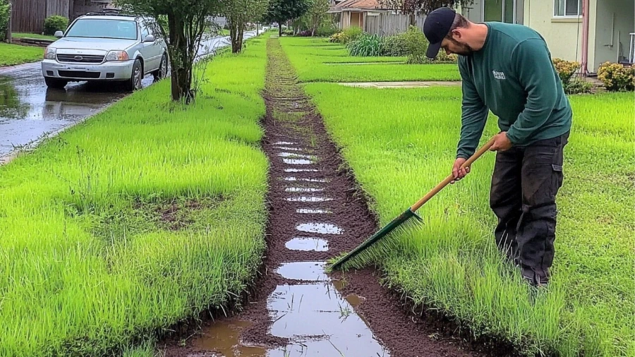 Lawn care technician edging and clearing a driveway trench in Jacksonville, FL